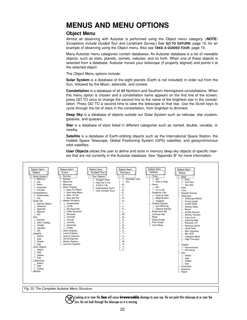 Menus and menu options, Object menu | Meade Instruments DS-2000 MAK Generation II Maksutov-Cassegrain Telesopes User Manual | Page 22 / 44