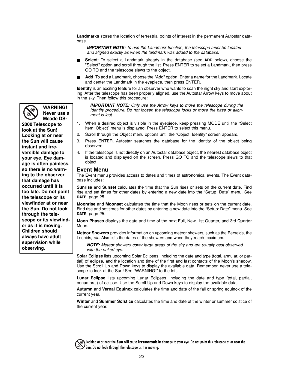 Event menu | Meade Instruments DS-2000 MAK Generation II Maksutov-Cassegrain Telesopes User Manual | Page 23 / 44