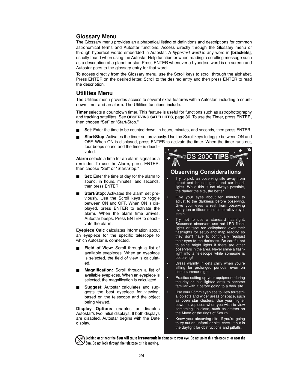 Ds-2000, Tips, Glossary menu | Utilities menu, Observing considerations | Meade Instruments DS-2000 MAK Generation II Maksutov-Cassegrain Telesopes User Manual | Page 24 / 44