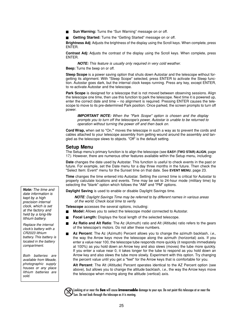 Setup menu | Meade Instruments DS-2000 MAK Generation II Maksutov-Cassegrain Telesopes User Manual | Page 25 / 44