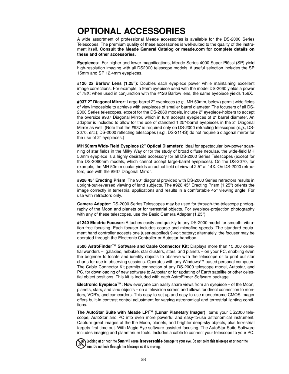 Optional accessories | Meade Instruments DS-2000 MAK Generation II Maksutov-Cassegrain Telesopes User Manual | Page 28 / 44