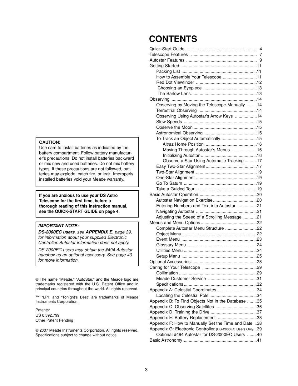 Meade Instruments DS-2000 MAK Generation II Maksutov-Cassegrain Telesopes User Manual | Page 3 / 44
