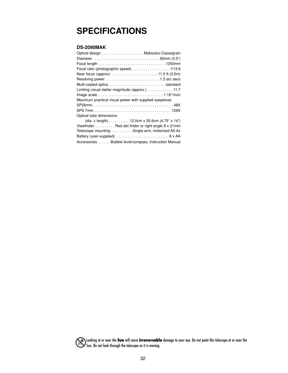 Specifications | Meade Instruments DS-2000 MAK Generation II Maksutov-Cassegrain Telesopes User Manual | Page 32 / 44