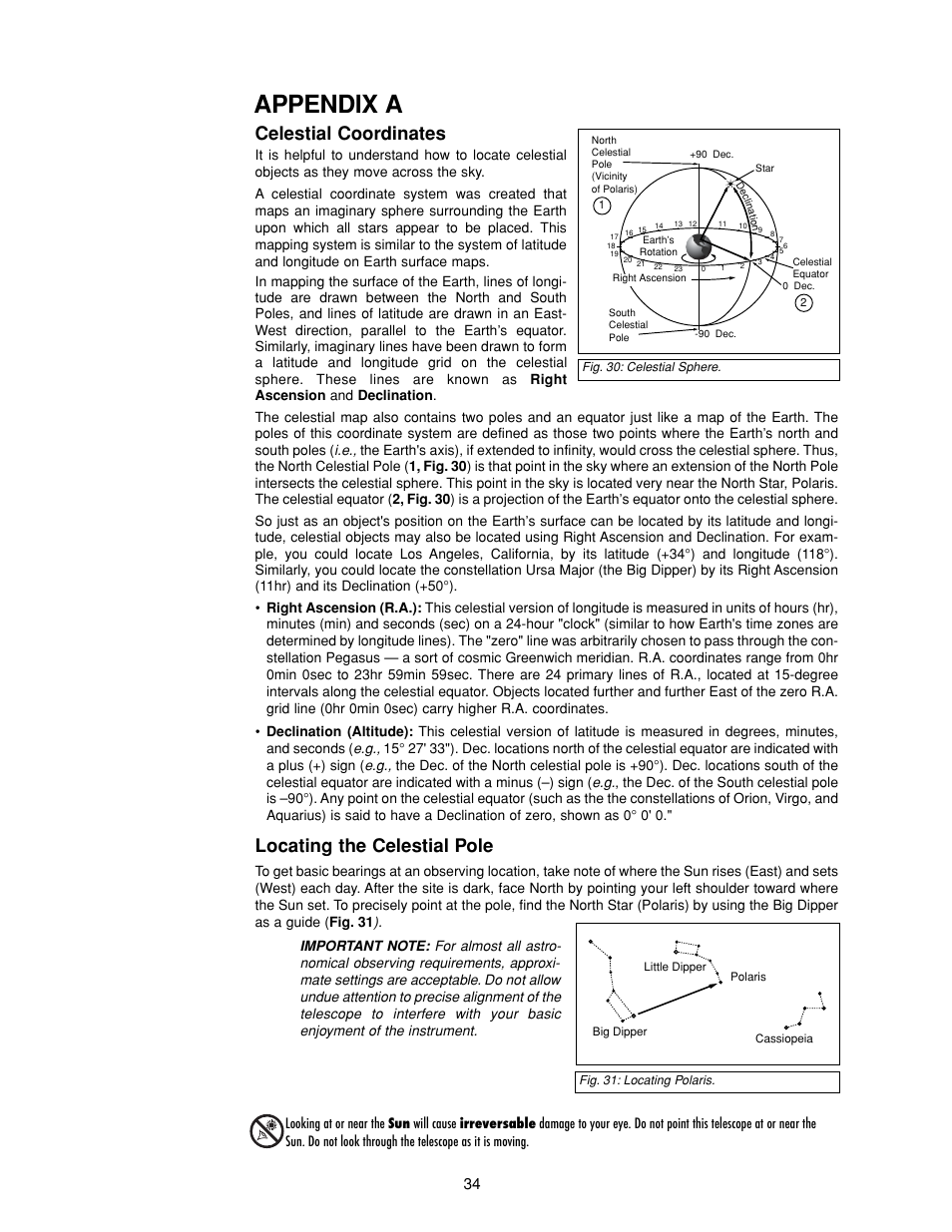 Appendix a, Celestial coordinates, Locating the celestial pole | Meade Instruments DS-2000 MAK Generation II Maksutov-Cassegrain Telesopes User Manual | Page 34 / 44