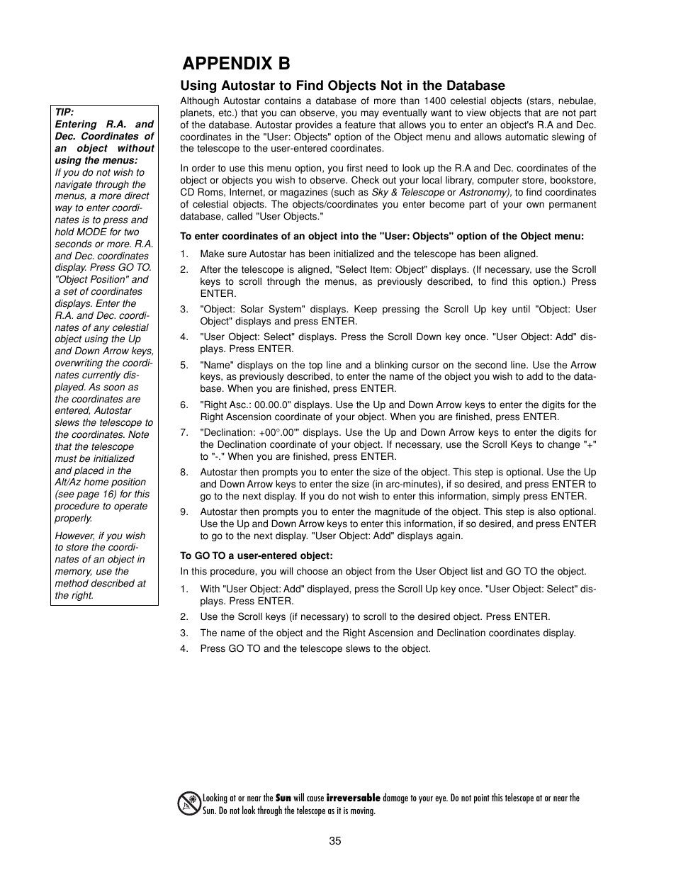 Appendix b, Using autostar to find objects not in the database | Meade Instruments DS-2000 MAK Generation II Maksutov-Cassegrain Telesopes User Manual | Page 35 / 44