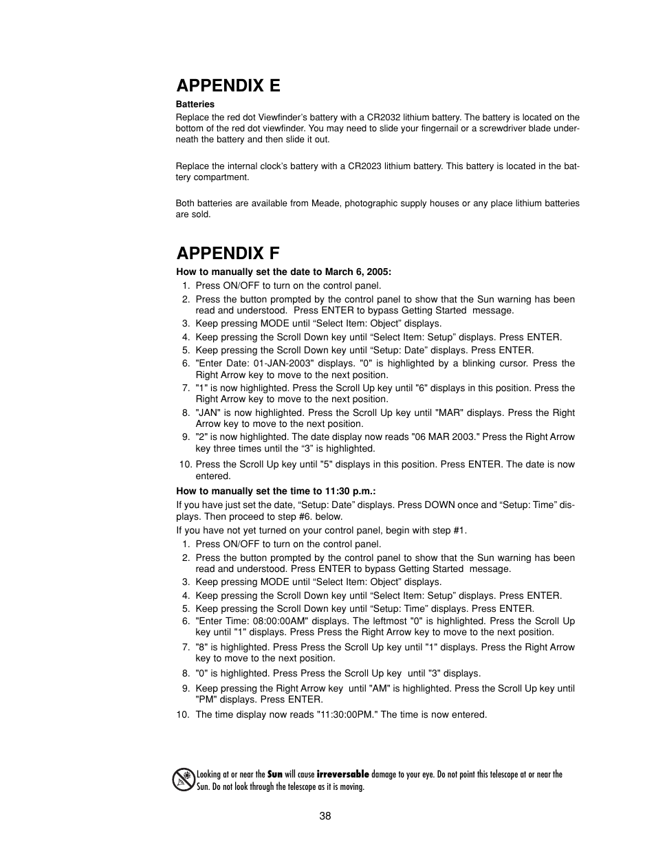 Appendix e appendix f | Meade Instruments DS-2000 MAK Generation II Maksutov-Cassegrain Telesopes User Manual | Page 38 / 44