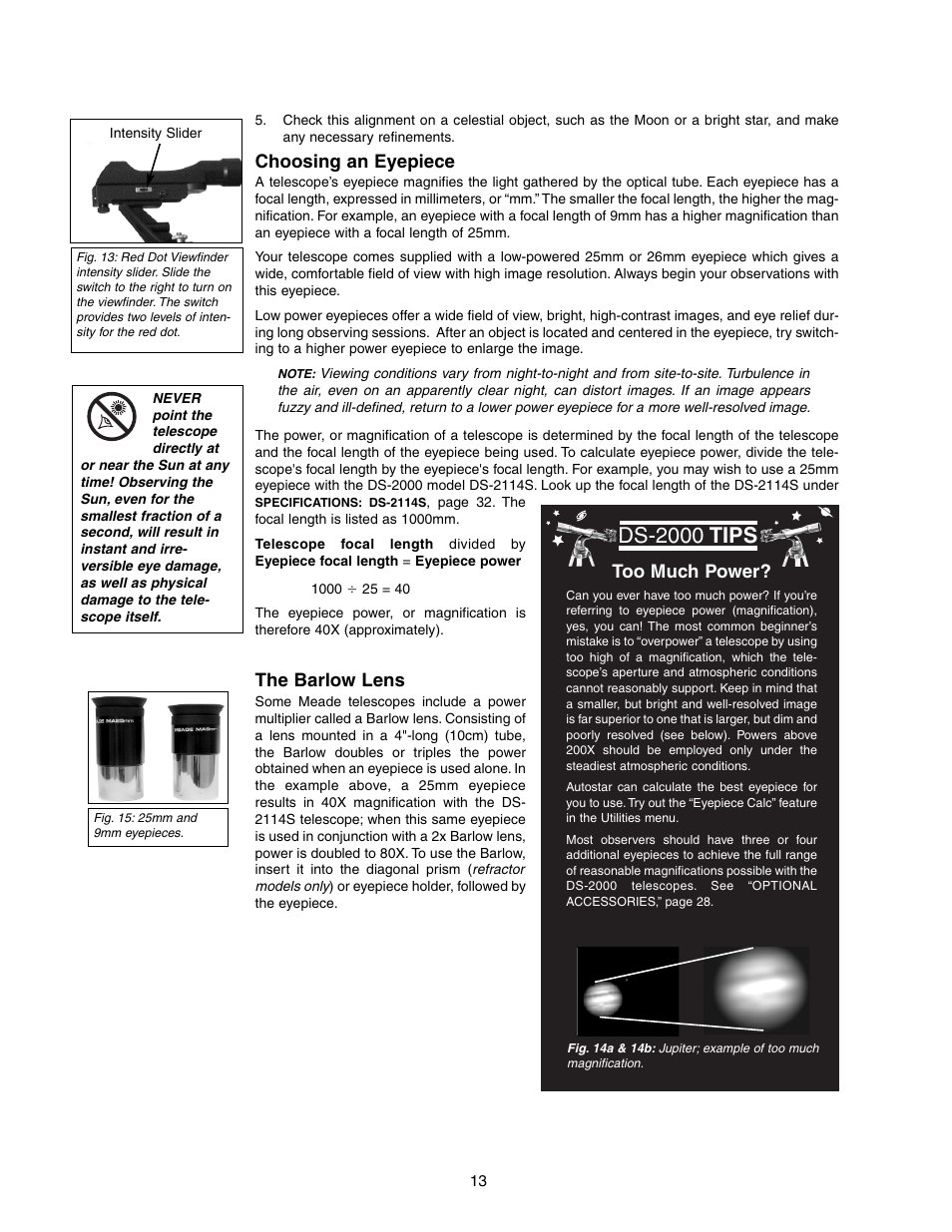 Ds-2000 tips, Choosing an eyepiece, The barlow lens | Too much power | Meade Instruments DS-2090 User Manual | Page 13 / 44