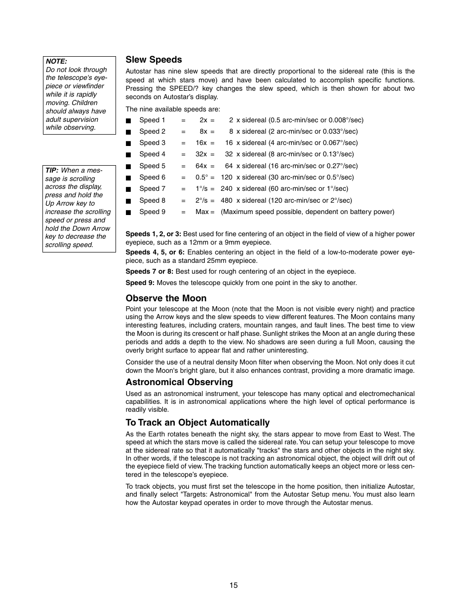 Slew speeds, Observe the moon, Astronomical observing | Meade Instruments DS-2090 User Manual | Page 15 / 44