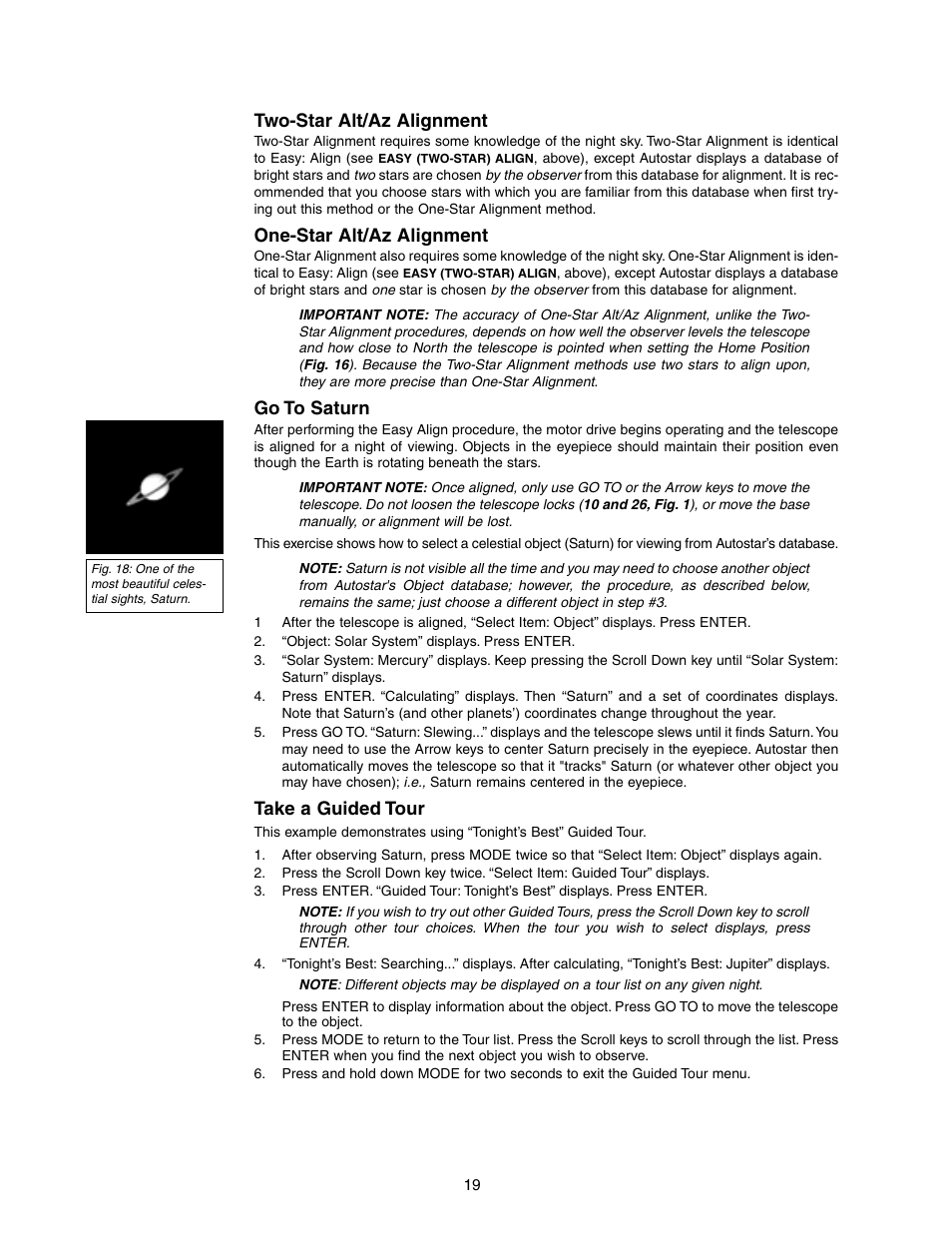 Two-star alt/az alignment, One-star alt/az alignment, Go to saturn | Take a guided tour | Meade Instruments DS-2090 User Manual | Page 19 / 44