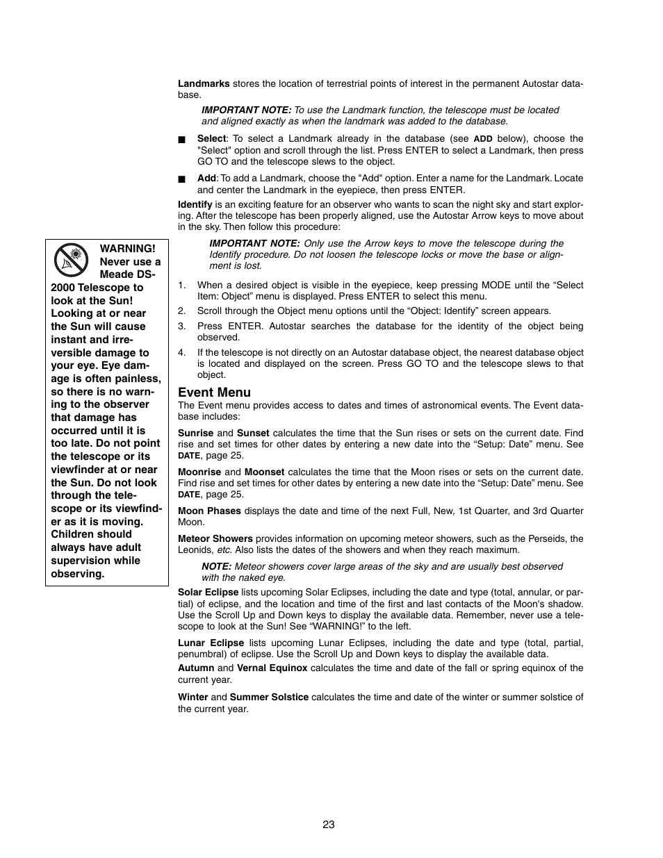 Event menu | Meade Instruments DS-2090 User Manual | Page 23 / 44
