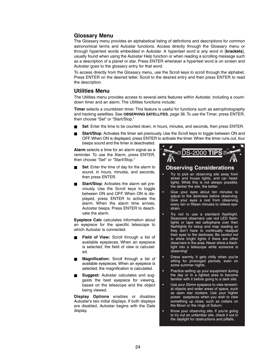 Ds-2000 tips, Glossary menu, Utilities menu | Observing considerations | Meade Instruments DS-2090 User Manual | Page 24 / 44