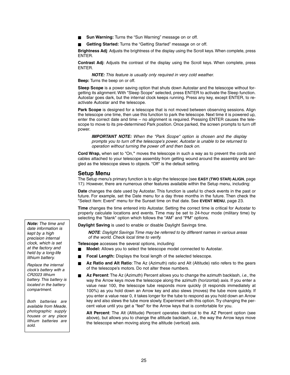 Setup menu | Meade Instruments DS-2090 User Manual | Page 25 / 44