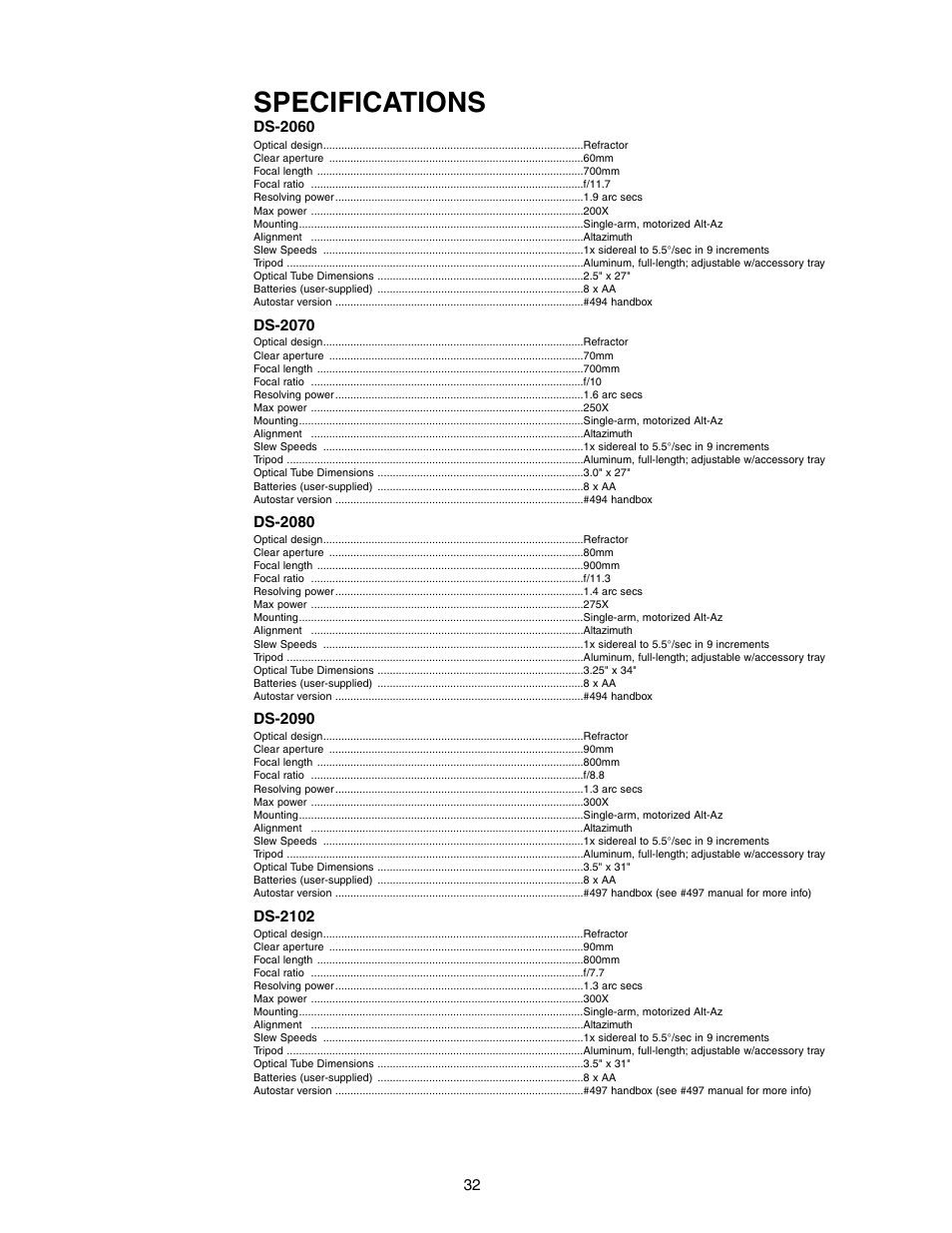 Specifications | Meade Instruments DS-2090 User Manual | Page 32 / 44