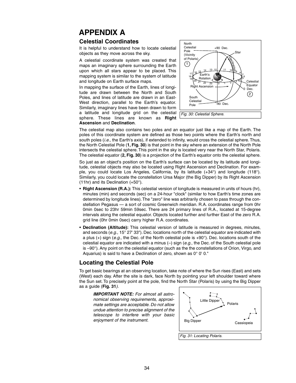 Appendix a, Celestial coordinates, Locating the celestial pole | Meade Instruments DS-2090 User Manual | Page 34 / 44