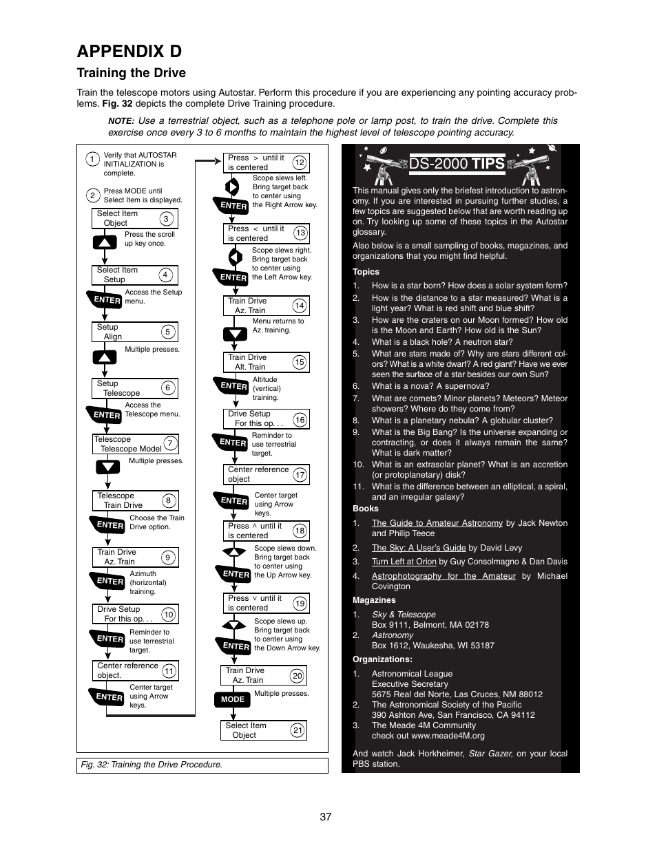 Appendix d, Ds-2000 tips, Training the drive | Meade Instruments DS-2090 User Manual | Page 37 / 44