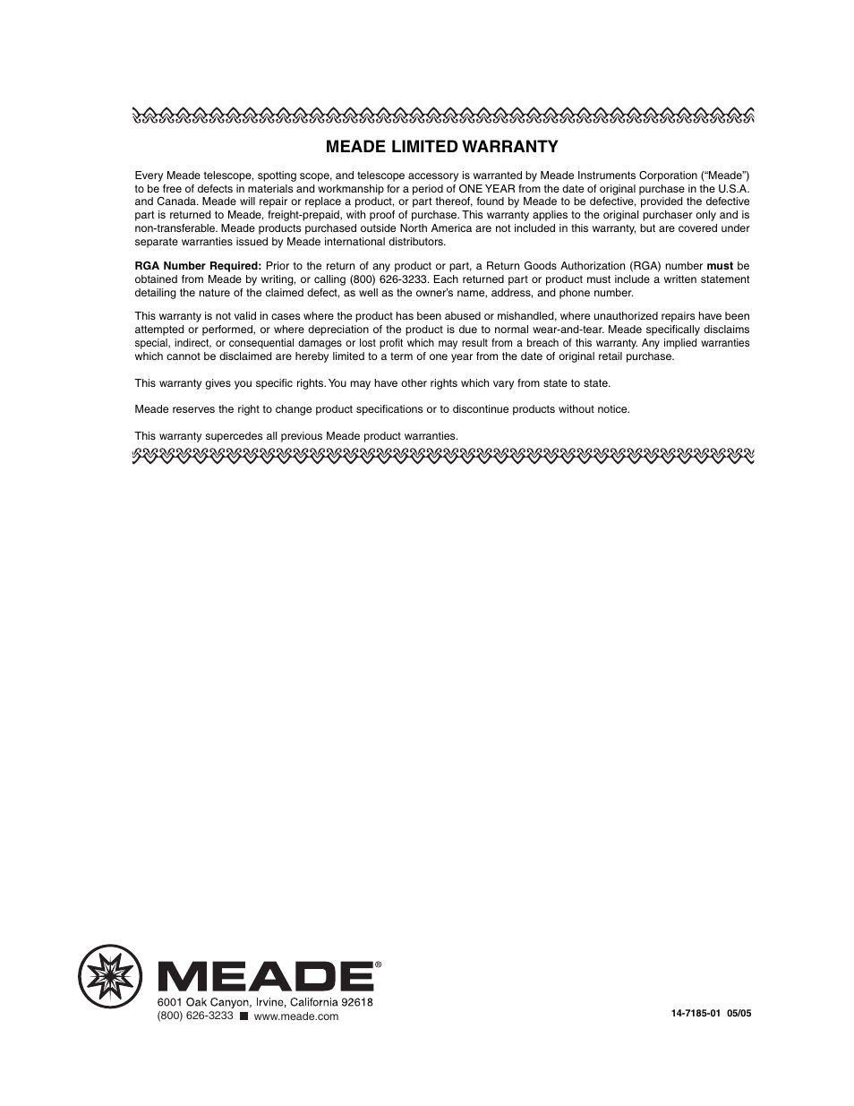 Meade limited warranty | Meade Instruments DS-2090 User Manual | Page 44 / 44