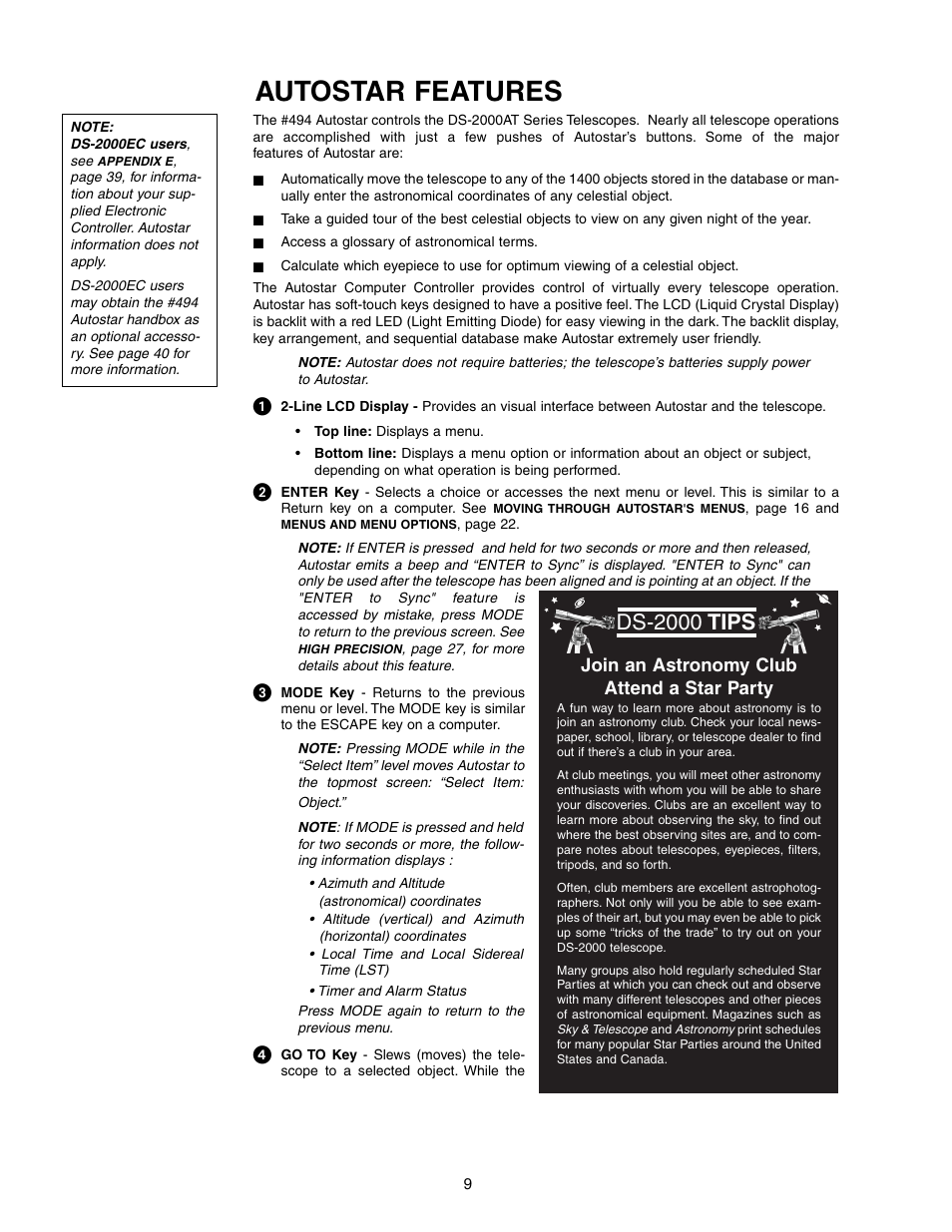 Autostar features, Ds-2000 tips, Join an astronomy club attend a star party | Meade Instruments DS-2090 User Manual | Page 9 / 44