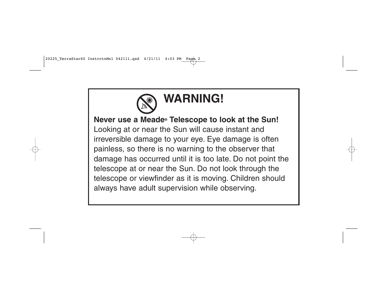 Warning | Meade Instruments TerraStar 60 User Manual | Page 2 / 24