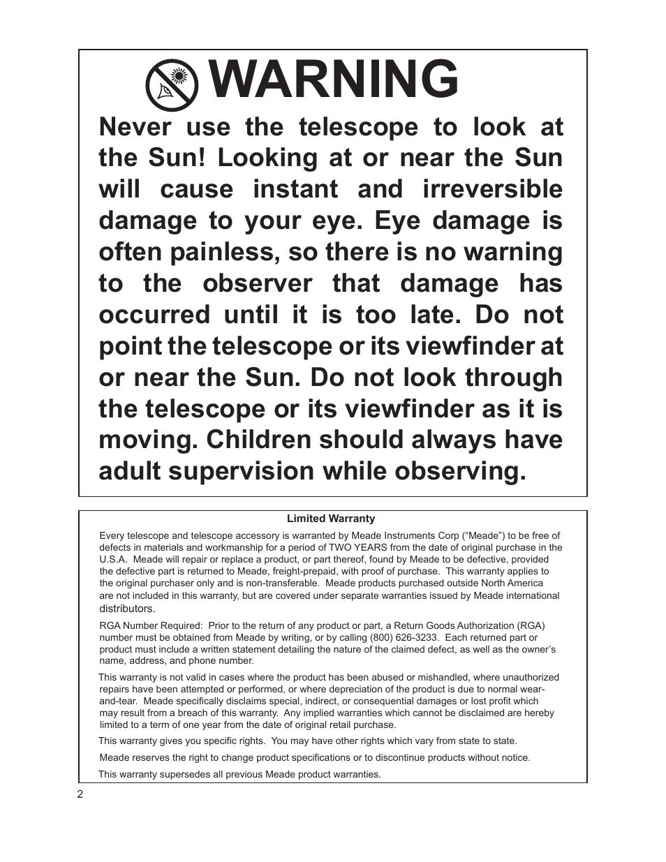 Warning | Meade Instruments Infinity 50AZ Refractor User Manual | Page 2 / 8