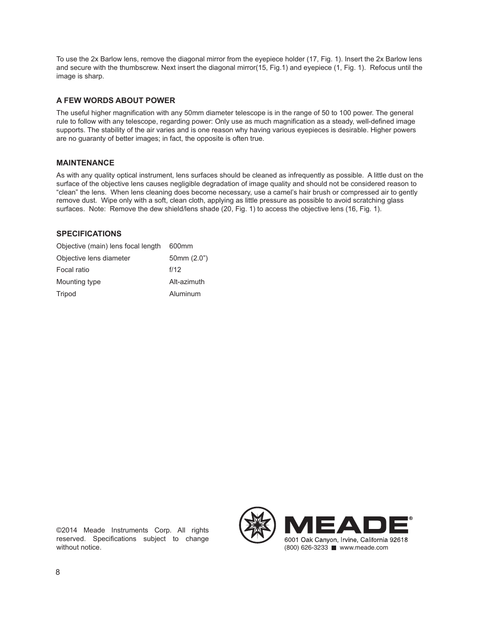 Meade Instruments Infinity 50AZ Refractor User Manual | Page 8 / 8