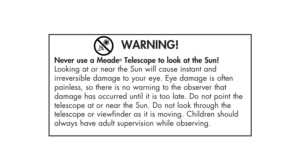 Warning | Meade Instruments Polaris Series User Manual | Page 2 / 28
