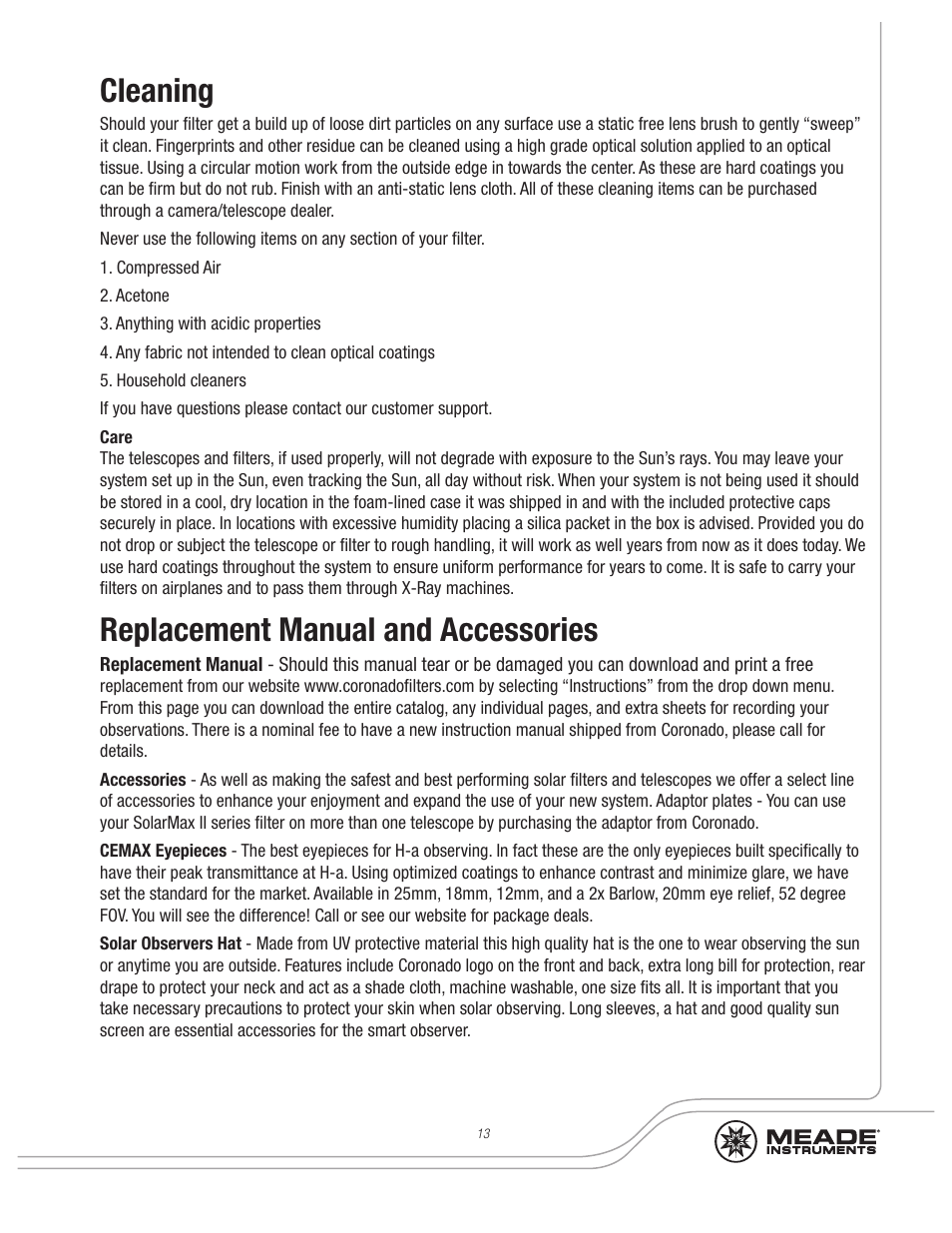Cleaning, Replacement manual and accessories | Meade Instruments Coronado SolarMax II Series User Manual | Page 13 / 20
