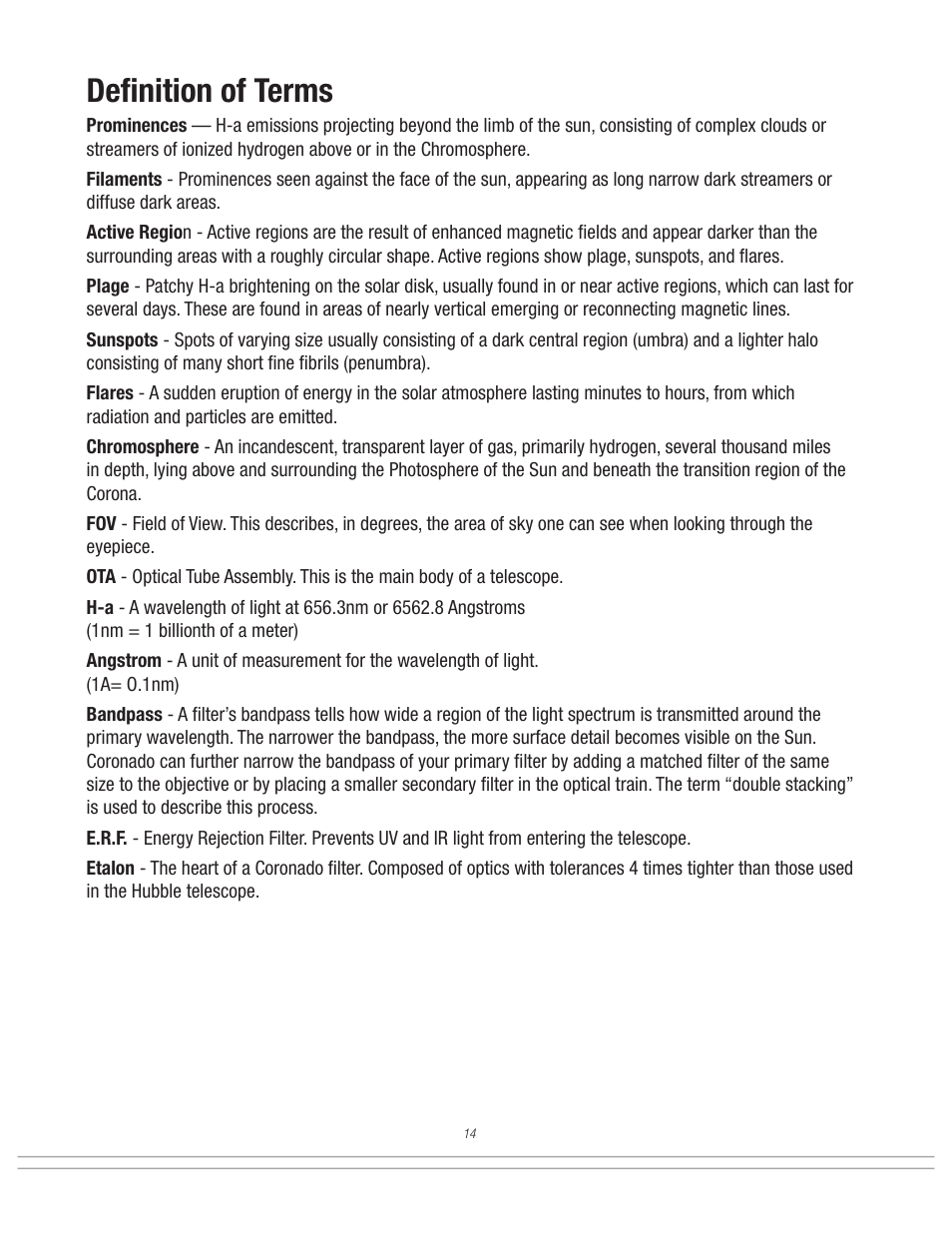 Defi nition of terms | Meade Instruments Coronado SolarMax II Series User Manual | Page 14 / 20