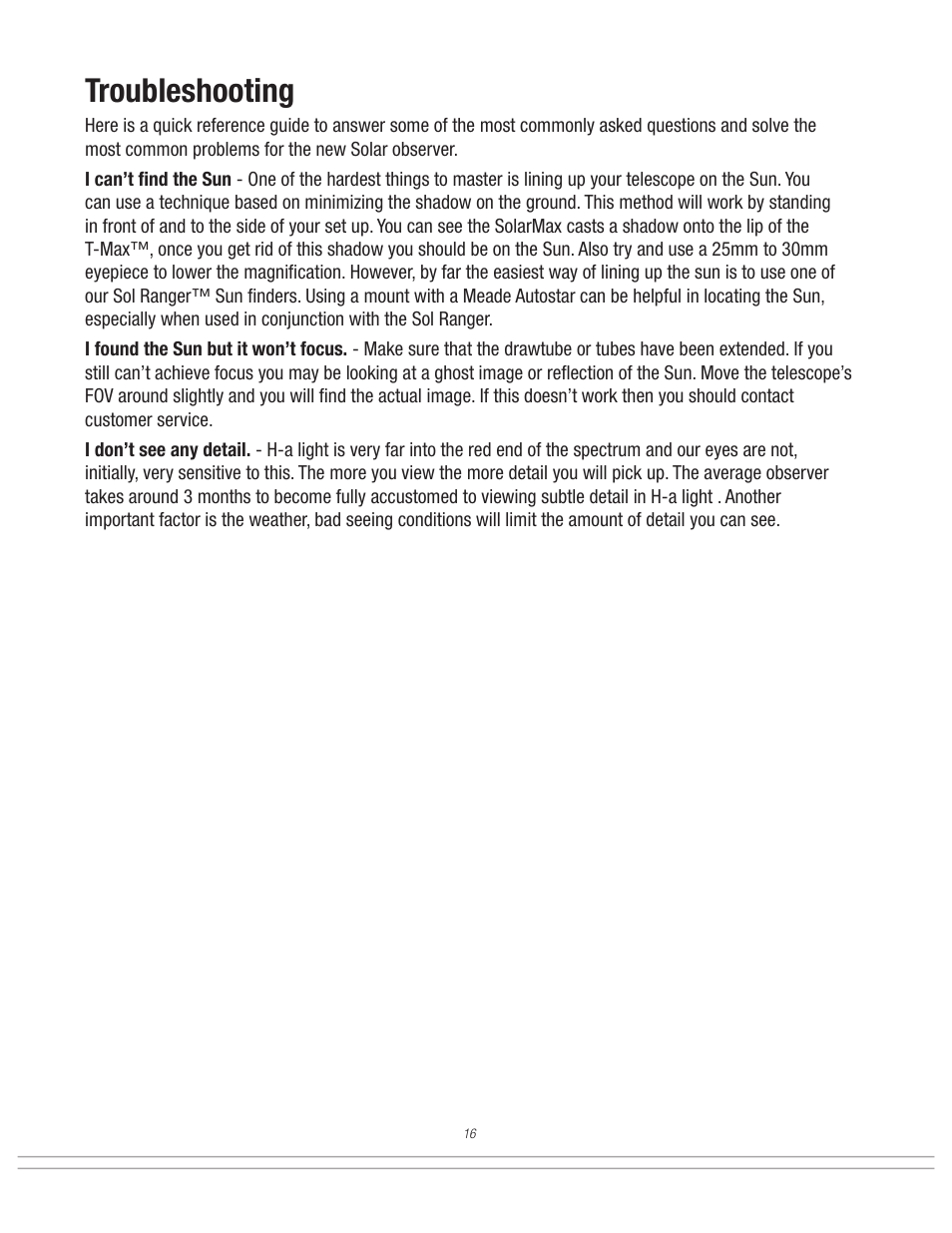 Troubleshooting | Meade Instruments Coronado SolarMax II Series User Manual | Page 16 / 20