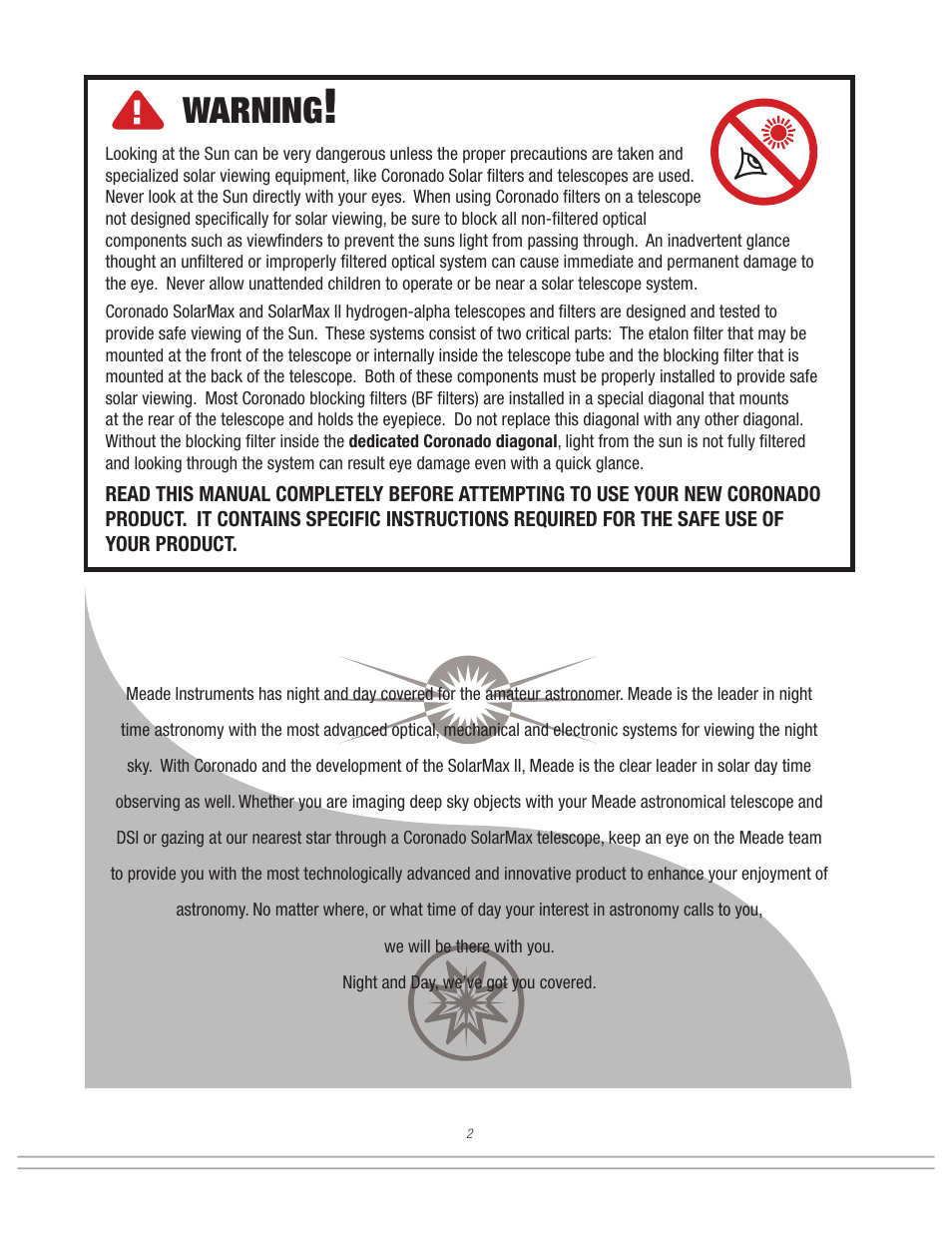 Warning | Meade Instruments Coronado SolarMax II Series User Manual | Page 2 / 20