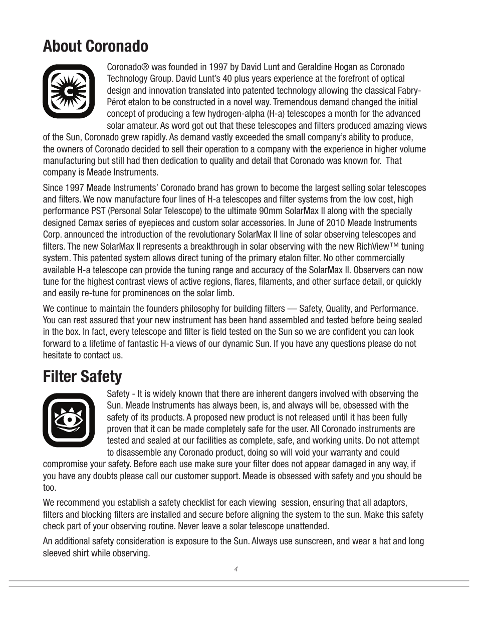About coronado, Filter safety | Meade Instruments Coronado SolarMax II Series User Manual | Page 4 / 20