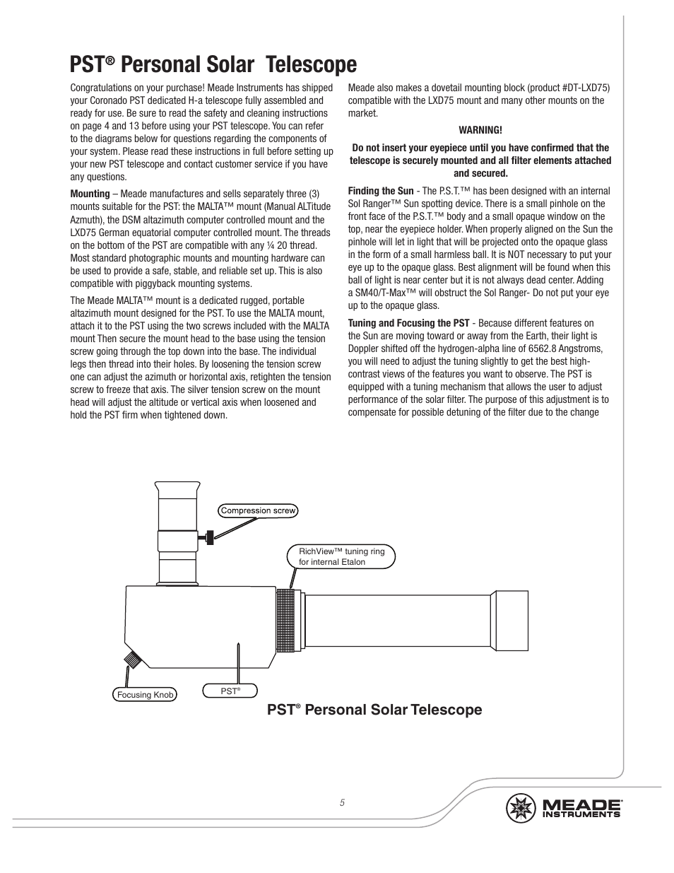 Personal solar telescope | Meade Instruments Coronado SolarMax II Series User Manual | Page 5 / 20