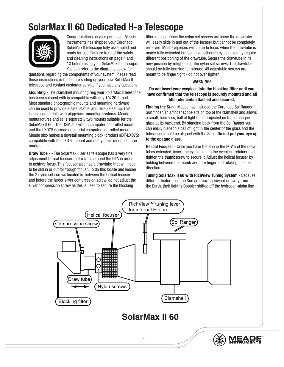 Solarmax ii 60 dedicated h-a telescope, Solarmax ii 60 | Meade Instruments Coronado SolarMax II Series User Manual | Page 7 / 20