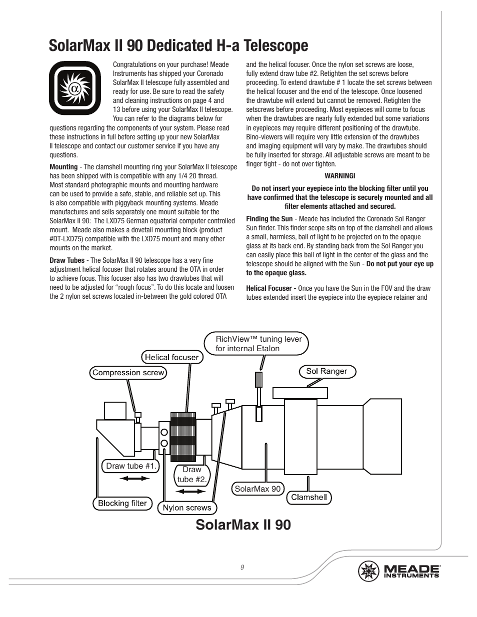 Solarmax ii 90 dedicated h-a telescope, Solarmax ii 90 | Meade Instruments Coronado SolarMax II Series User Manual | Page 9 / 20