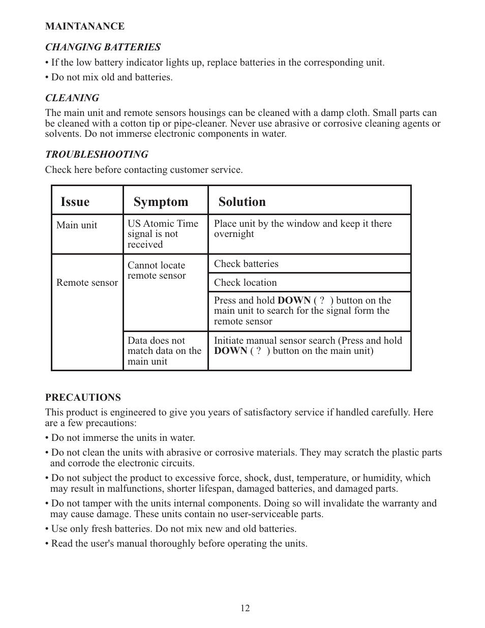 Issue, Symptom solution | Meade Instruments TE256W User Manual | Page 12 / 15