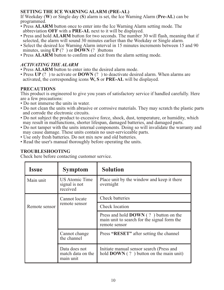 Issue, Symptom solution | Meade Instruments TE278W User Manual | Page 10 / 14