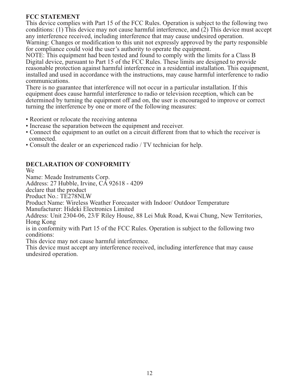 Meade Instruments TE278W User Manual | Page 12 / 14