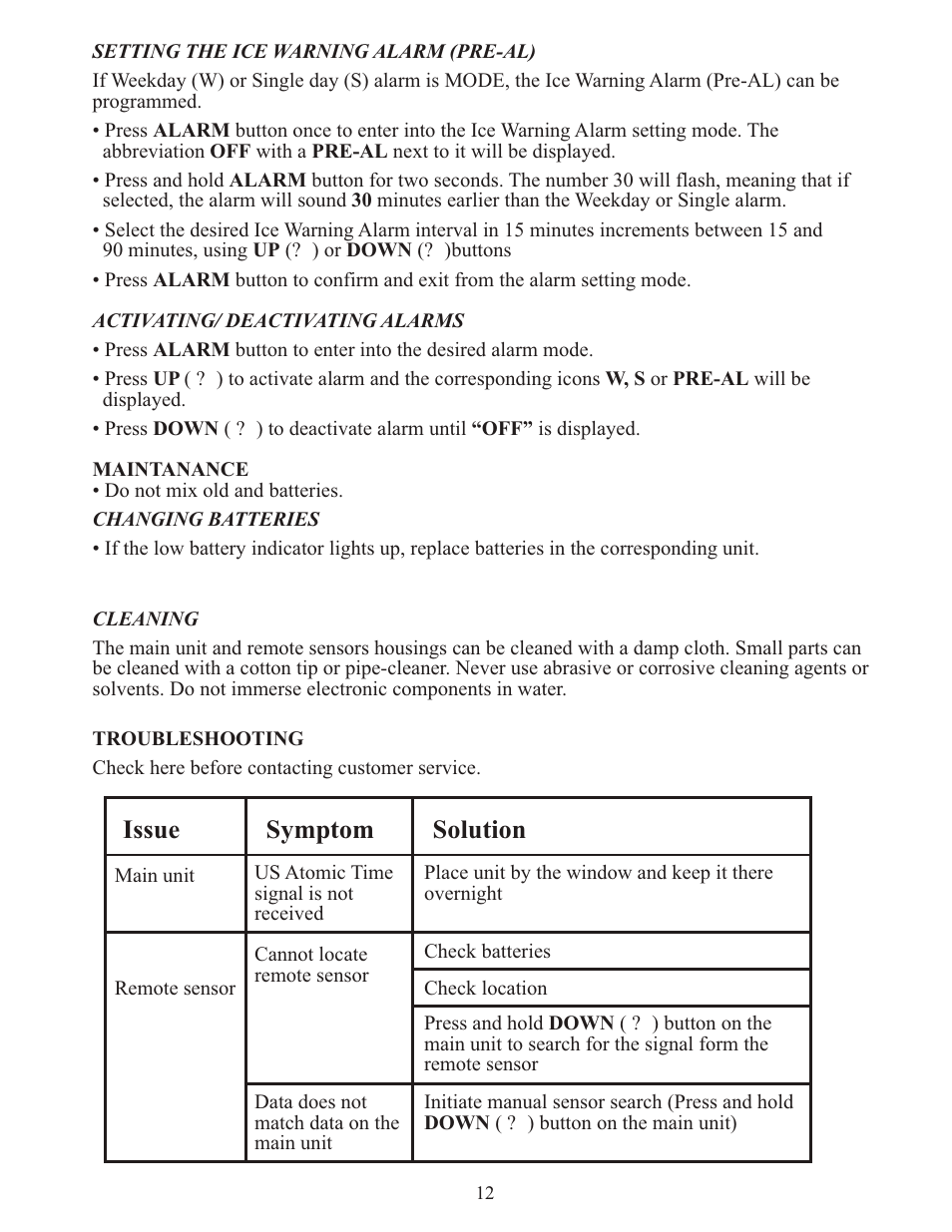 Issue, Symptom solution | Meade Instruments TE346W User Manual | Page 12 / 16