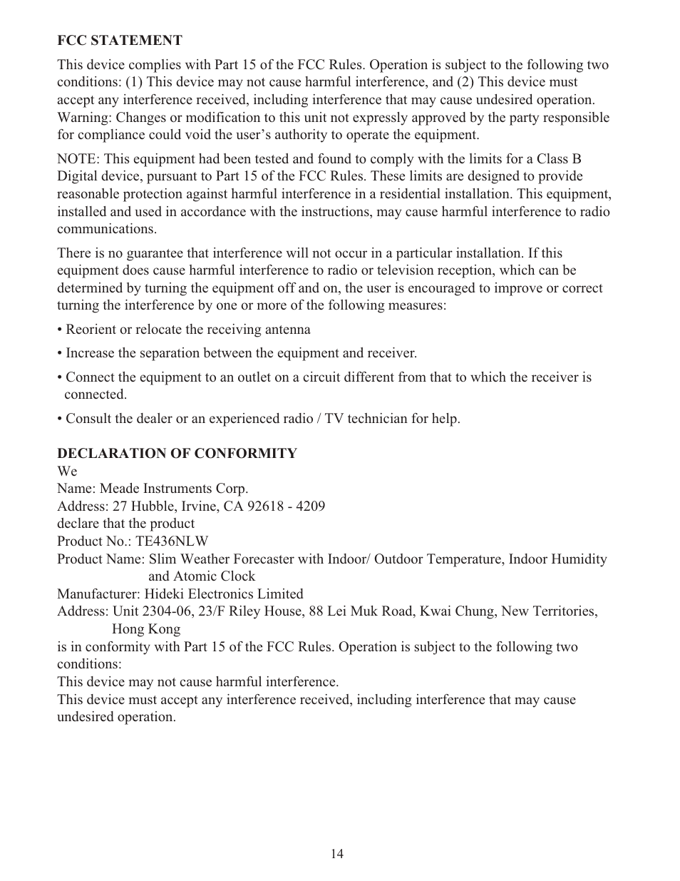 Meade Instruments TE346W User Manual | Page 14 / 16