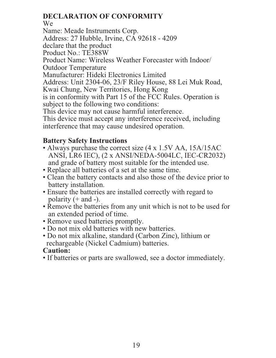 Meade Instruments TE388W User Manual | Page 19 / 21