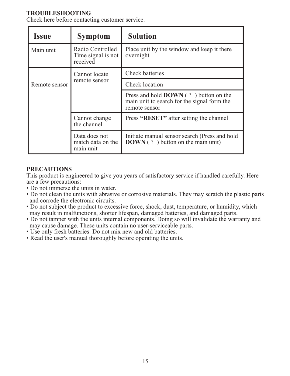 Issue, Symptom solution | Meade Instruments TE636W User Manual | Page 15 / 19