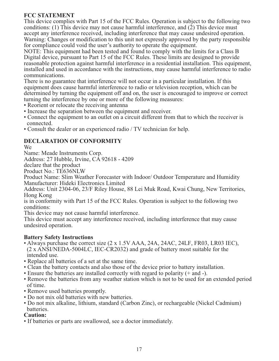 Meade Instruments TE636W User Manual | Page 17 / 19