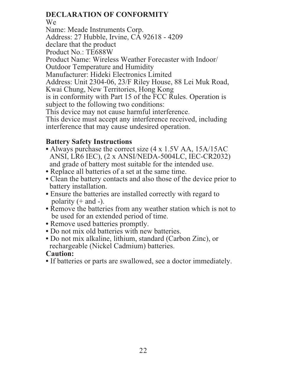 Meade Instruments TE688W User Manual | Page 22 / 24