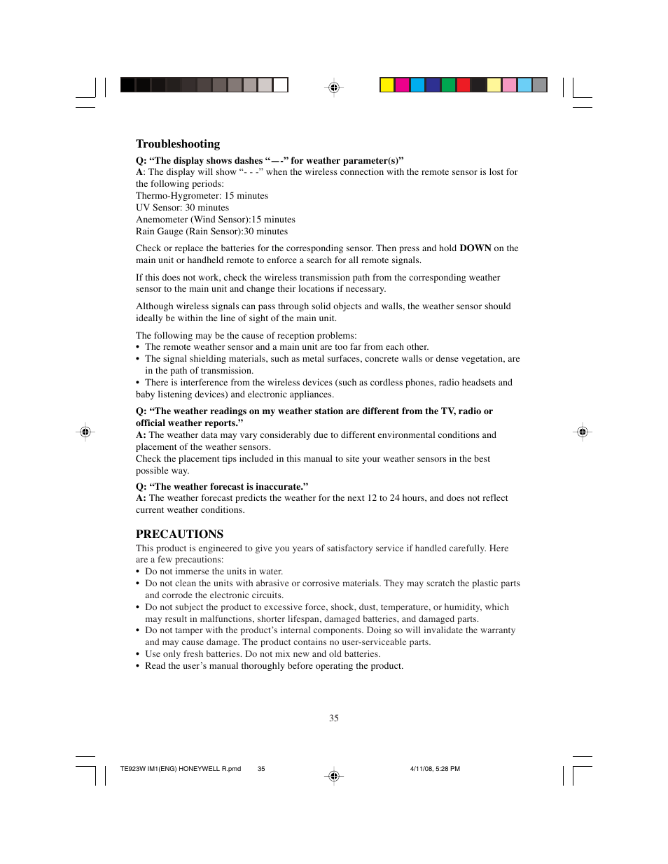 Troubleshooting, Precautions | Meade Instruments TE923W-M User Manual | Page 35 / 44