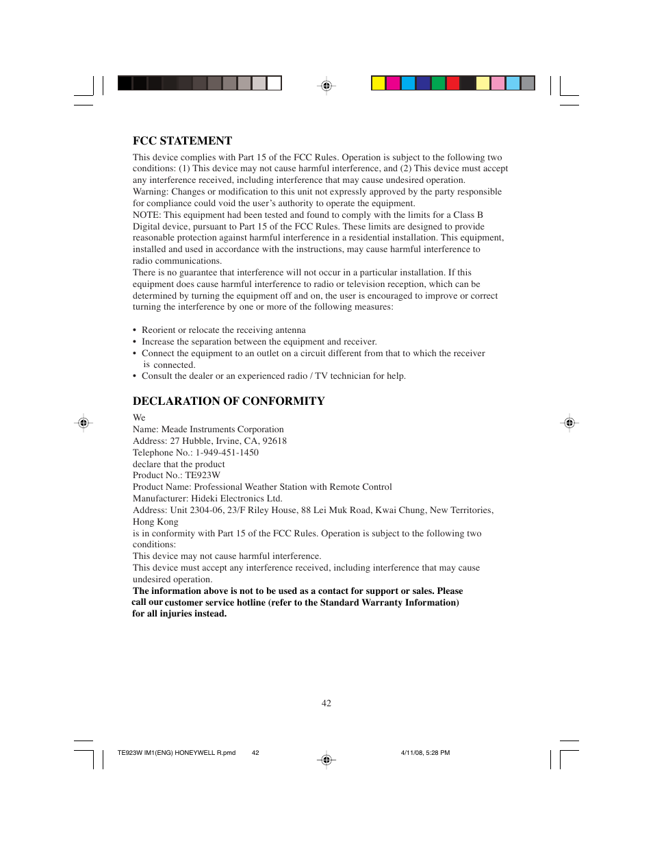 Fcc statement, Declaration of conformity | Meade Instruments TE923W-M User Manual | Page 42 / 44