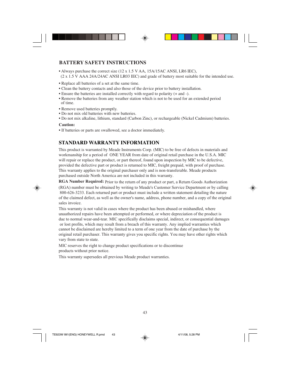 Standard warranty information, Battery safety instructions | Meade Instruments TE923W-M User Manual | Page 43 / 44