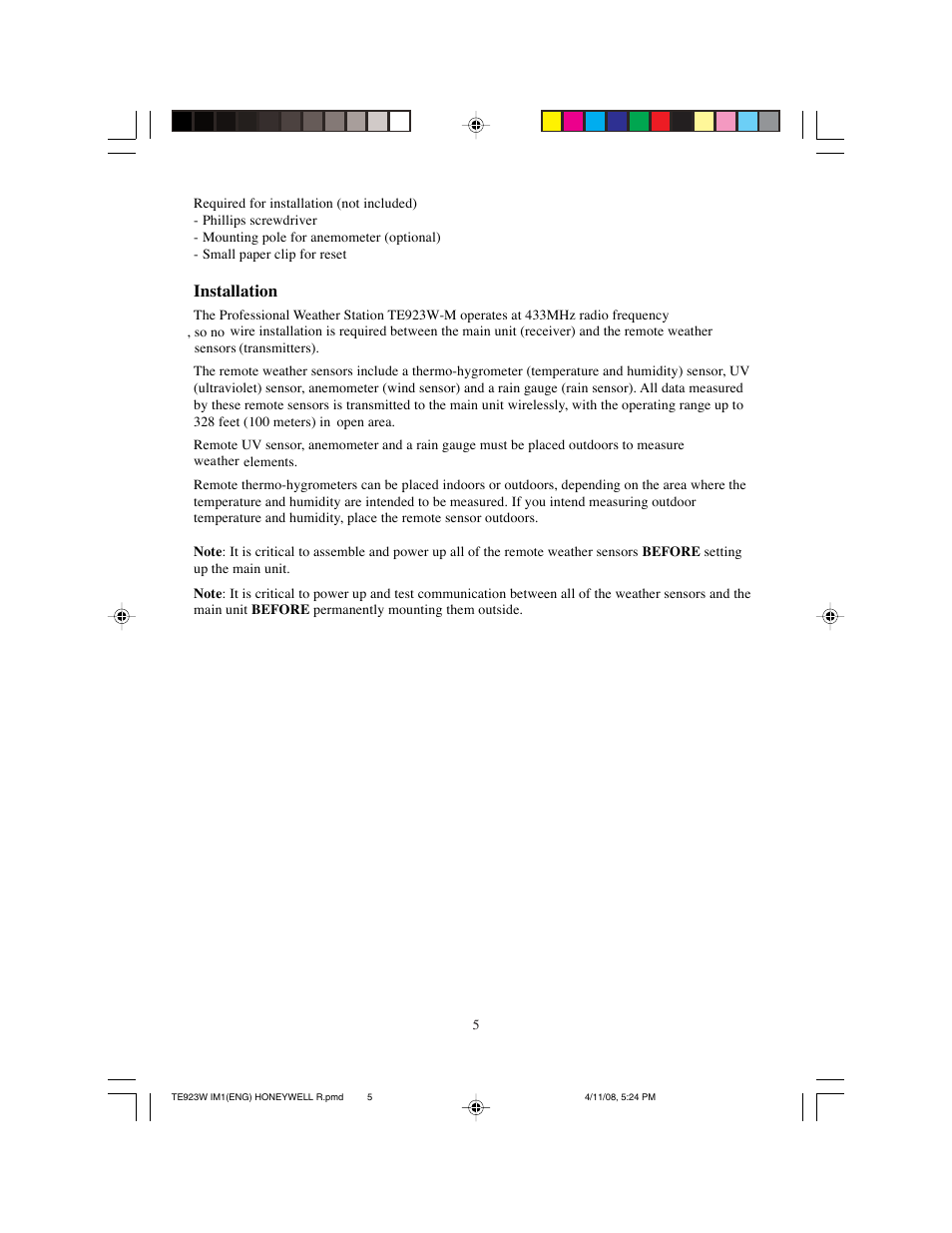 Installation | Meade Instruments TE923W-M User Manual | Page 5 / 44