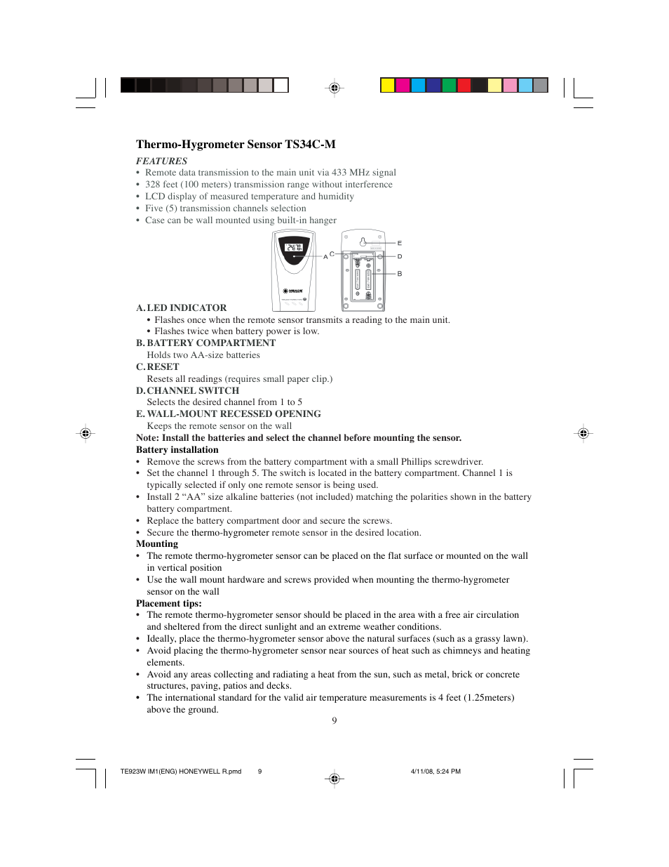 Thermo-hygrometer sensor ts34c-m | Meade Instruments TE923W-M User Manual | Page 9 / 44