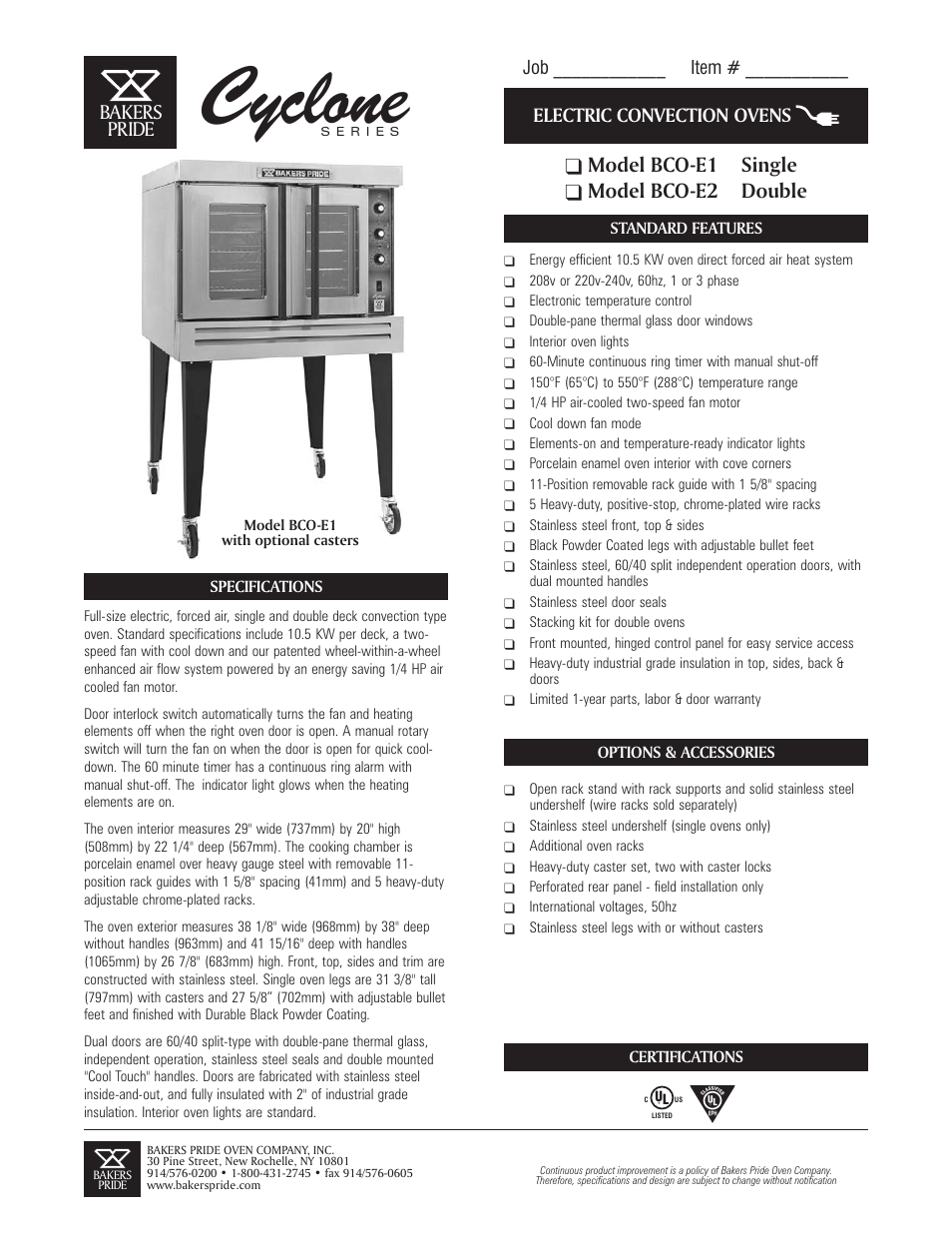 Bakers Pride CYCLONE BCO-E1 User Manual | 2 pages