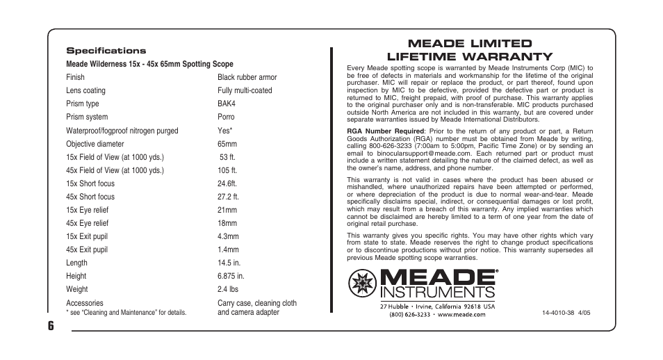 Meade limited lifetime warranty | Meade Instruments Wilderness Spotting Scope User Manual | Page 4 / 4