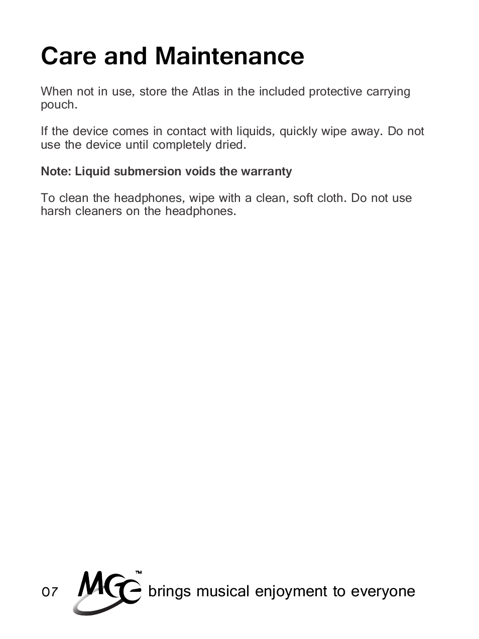 Care and maintenance | MEElectronics Atlas IML Graphics User Manual | Page 10 / 15